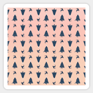 Pretty Navy Christmas Trees & Reindeer Pattern on Pink Peach Ombre Sticker